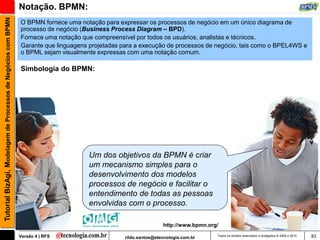 Tutorial BizAgi, Modelagem de Processos de Negócios com BPMN   Notação. BPMN:
                                                               O BPMN fornece uma notação para expressar os processos de negócio em um único diagrama de
                                                               processo de negócio (Business Process Diagram – BPD).
                                                               Fornece uma notação que compreensível por todos os usuários, analistas e técnicos.
                                                               Garante que linguagens projetadas para a execução de processos de negócio, tais como o BPEL4WS e
                                                               o BPML sejam visualmente expressas com uma notação comum.

                                                               Simbologia do BPMN:




                                                                                     Um dos objetivos da BPMN é criar
                                                                                     um mecanismo simples para o
                                                                                     desenvolvimento dos modelos
                                                                                     processos de negócio e facilitar o
                                                                                     entendimento de todas as pessoas
                                                                                     envolvidas com o processo.

                                                                                                                 http://www.bpmn.org/

                                                               Versão 4 | RFS                    rildo.santos@etecnologia.com.br    Todos os direitos reservados e protegidos © 2006 e 2010   83
 