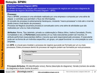 Notação. BPMN:
                                                                 Business Process Diagram (BPD)
Tutorial BizAgi, Modelagem de Processos de Negócios com BPMN

                                                                 O BPMN fornece uma notação para expressar os processos de negócio em um único diagrama de
                                                                 processo de negócio (Business Process Diagram – BPD).
                                                                 Processo:
                                                                 Para o BPMN, processo é uma atividade realizada por uma empresa e composta por uma série de
                                                                 etapas e controles que permitem o fluxo de informações;
                                                                 O conceito de processo é extremamente hierárquico, iniciando “macro-processos” e indo até o nível de
                                                                 tarefa (menor nível dentro de processo);
                                                                 Processo de Negócio (business process) é conceituado como uma série de atividades que são
                                                                 realizadas por uma ou mais empresas;

                                                                 Atributos: Nome, Tipo (abstrato, privado ou colaboração) e Status (Ativo, Inativo,Cancelado, Pronto,
                                                                 Completado e etc.) e Performers (executante) um ou mais executantes podem ser inscritos. O
                                                                 atributo performers (executantes) define o recurso que será responsável pelo processo. O executante
                                                                 pode ser na forma de um indivíduo específico, um grupo, um papel funcional ou uma posição ou uma
                                                                 empresa.
                                                                Um BPD, é o local para modelar o processo de negócio que pode ser formado por um ou mais
                                                                processos; Estes processos dentro do processo de negócio podem ser formados por sub-processos;

                                                                                      Processo de Negócio

                                                                                         Processo 1
                                                                                BPD




                                                                                         Processo 2



                                                                Principais Atributos: ID (identificador único), Nome (descrição do diagrama), Versão (número da versão
                                                                do diagrama) e Autor (nome do autor).
                                                               Versão 4 | RFS                               rildo.santos@etecnologia.com.br   Todos os direitos reservados e protegidos © 2006 e 2010   87
 