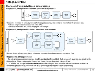 Tutorial BizAgi, Modelagem de Processos de Negócios com BPMN   Notação. BPMN:
                                                               Objetos de Fluxo: Atividade e sub-processo
                                                               Sub-processo, exemplo forma “fechada” (Reusable Sub-process):




                                                                                      Entrega
                                                                                                                 Processar
                                                                                                  Receber                           Fazer a      Fechar
                                                                                                                   Ticket
                                                                                                   Ticket                           Entrega       Ticket
                                                                                                                    +



                                                                O desenho completo de um sub-processo fechado pode estar ou não dentro do mesmo Pool do processo-pai;
                                                                – Pode ser um processo modelador em outro BPD;
                                                                – Pode estar no mesmo BPD em outra página, por exemplo.
                                                               Sub-processo, exemplo forma “aberta” (Embedded Sub-process):


                                                                                                   Processar            Planejar
                                                                                                     Ticket             Entrega
                                                                Entrega




                                                                                Receber                                                                    Fazer a                 Fechar
                                                                                 Ticket                                                                    Entrega                  Ticket

                                                                                                     Validar            Registrar
                                                                                                     Ticket              Ticket

                                                                                                                                      Ticket
                                                                                                                                    Registrado


                                                                No caso de um sub-processo aberto, o desenho completo deverá estar sempre no mesmo Pool

                                                                Dependente X Independente:
                                                                • Os sub-processos podem ser do tipo Dependente (Embedded Sub-process), quando são totalmente
                                                                dependente do processo-pai e devem ser desenhados dentro do mesmo Pool;
                                                                • Ou podem ser do tipo Independente (Reusable Sub-process), quando são reutilizáveis através de
                                                                diferentes processos e possuem um BPD próprio (e até mesmo Pools diferentes)

                                                               Versão 4 | RFS                            rildo.santos@etecnologia.com.br         Todos os direitos reservados e protegidos © 2006 e 2010   92
 