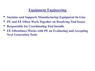 Equipment Engineering
• Sustains and Supports Manufacturing Equipment In-Line
• PE and EE Often Work Together on Resolving Tool Issues
• Responsible for Coordinating Tool Installs
• EE Oftentimes Works with PE on Evaluating and Accepting
Next Generation Tools
 