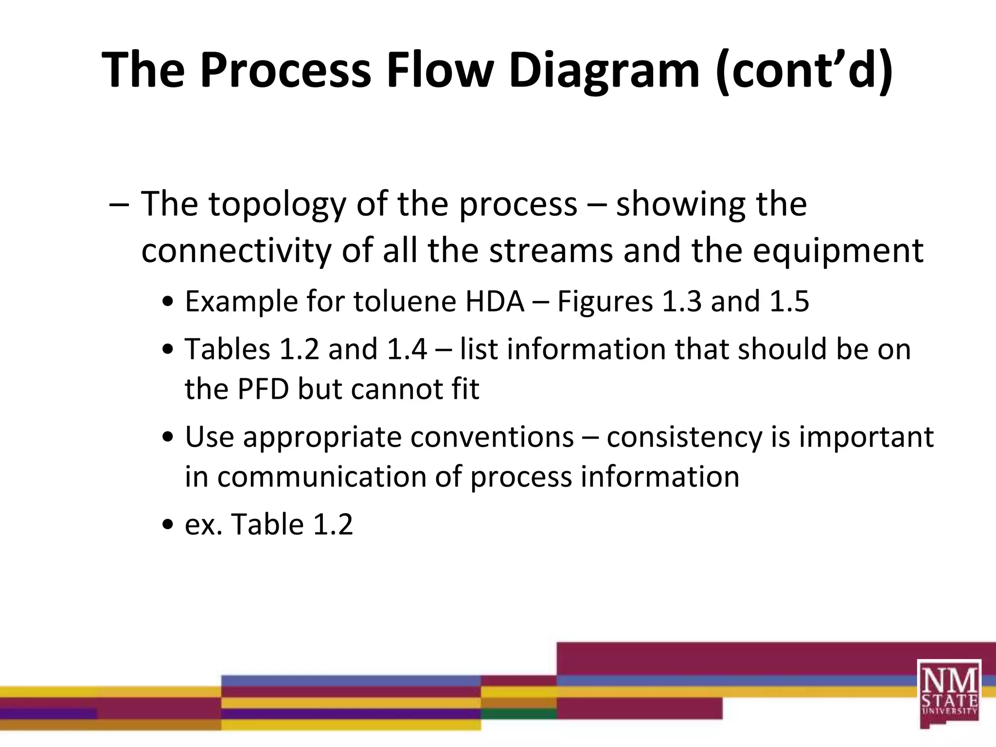 The Process Flow Diagram (cont’d)
– The topology of the process – showing the
connectivity of all the streams and the equipment
• Example for toluene HDA – Figures 1.3 and 1.5
• Tables 1.2 and 1.4 – list information that should be on
the PFD but cannot fit
• Use appropriate conventions – consistency is important
in communication of process information
• ex. Table 1.2
 