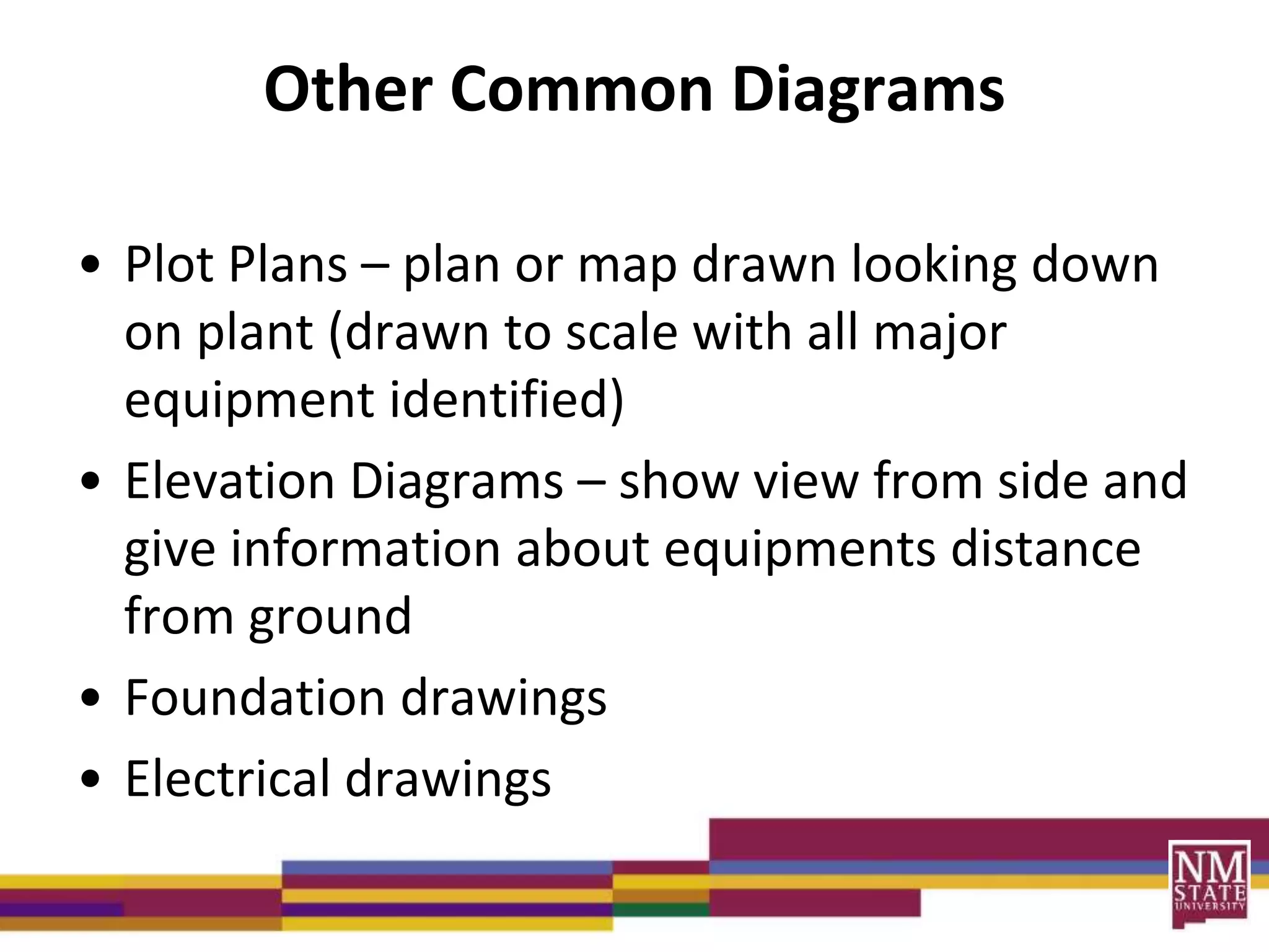 Other Common Diagrams
• Plot Plans – plan or map drawn looking down
on plant (drawn to scale with all major
equipment identified)
• Elevation Diagrams – show view from side and
give information about equipments distance
from ground
• Foundation drawings
• Electrical drawings
 