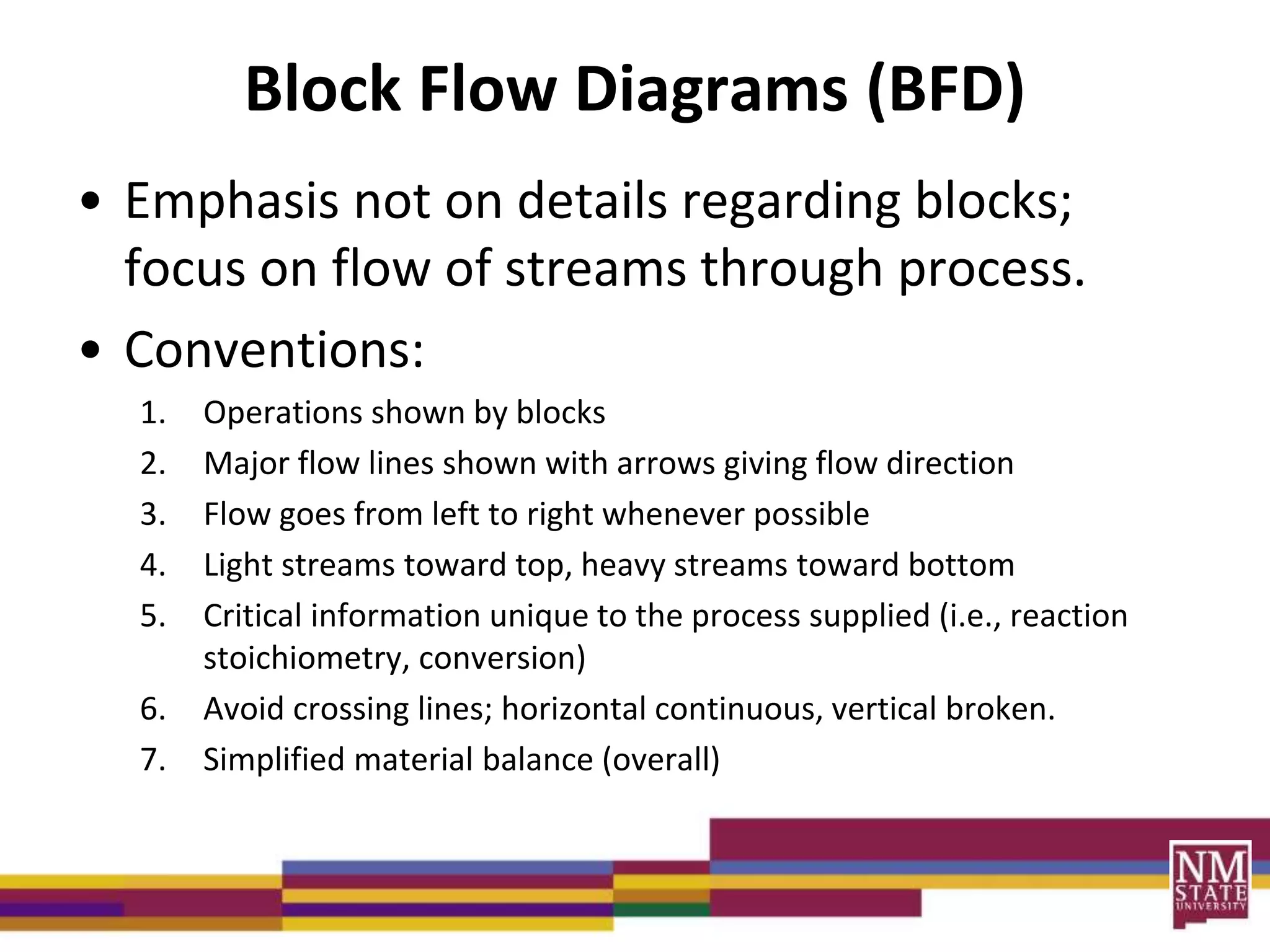 Block Flow Diagrams (BFD)
• Emphasis not on details regarding blocks;
focus on flow of streams through process.
• Conventions:
1. Operations shown by blocks
2. Major flow lines shown with arrows giving flow direction
3. Flow goes from left to right whenever possible
4. Light streams toward top, heavy streams toward bottom
5. Critical information unique to the process supplied (i.e., reaction
stoichiometry, conversion)
6. Avoid crossing lines; horizontal continuous, vertical broken.
7. Simplified material balance (overall)
 
