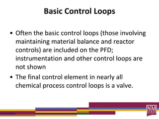 Basic Control Loops
• Often the basic control loops (those involving
maintaining material balance and reactor
controls) are included on the PFD;
instrumentation and other control loops are
not shown
• The final control element in nearly all
chemical process control loops is a valve.
 