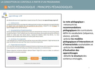 7
NOTE PÉDAGOGIQUE : PRINCIPES PÉDAGOGIQUES
LA CONCEPTION DE CONTENUS A PARTIR D’UN PROGRAMME
1.
La note pédagogique :
-retranscrit les
recommandations
pédagogiques des curriculums
défini le vocabulaire (séquence,
séance, activité),
-précise les modèles
pédagogiques d’interactions et
d’interactivités souhaitables et
-précise les modalités
d’évaluation des
apprentissages
-détaille la structure des
contenus envisagée.
 