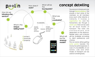 How does it        What will be
                                                     the
                                                                             Concept detailing
                                  work?
                                                     touchpoints?                         The service is introduced only
                                                                                          through friend invitations. This
How do we                                                                                 ensures a trust circle of the
introduce the                                                                             members as all members
service?                                                             What are             know each other directly or
                                                                     the                  indirectly. It involves a
                                                                     constraints?         registration fee and the
                                             Availability                                 transactions are through a
                What is the                                                               smart card, that can be used
                Unique                  Mobile:            Mobile                         for all local modes of
                                        SMS (for           applications                   transport. The rates are
                Selling Point?          basic
                                                   Website for smart
                                        phones)            phones                         standardized and
                                                                                          dependent on the distance.
                                                                                          Flexible plans and schemes
                            Connect.                                          What will   will be available according
                            Commute.                                          be the      to client preferences and
                            Conserve.                                         revenue     choices.
                                                                              model?      The car owner will be getting
                                                                                          extra points besides the
                                                                                          money for petrol expenses. In
                                                                                          case of unavailability of car
                                                                                          owners, cab and other
                                                                                          modes of transport can be
                                                                                          used on a sharing basis.
 