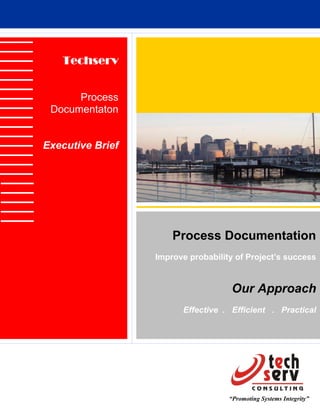 Techserv


      Process
 Documentaton


Executive Brief




                      Process Documentation
                  Improve probability of Project’s success


                                     Our Approach
                        Effective . Efficient . Practical




                                    “Promoting Systems Integrity”
 