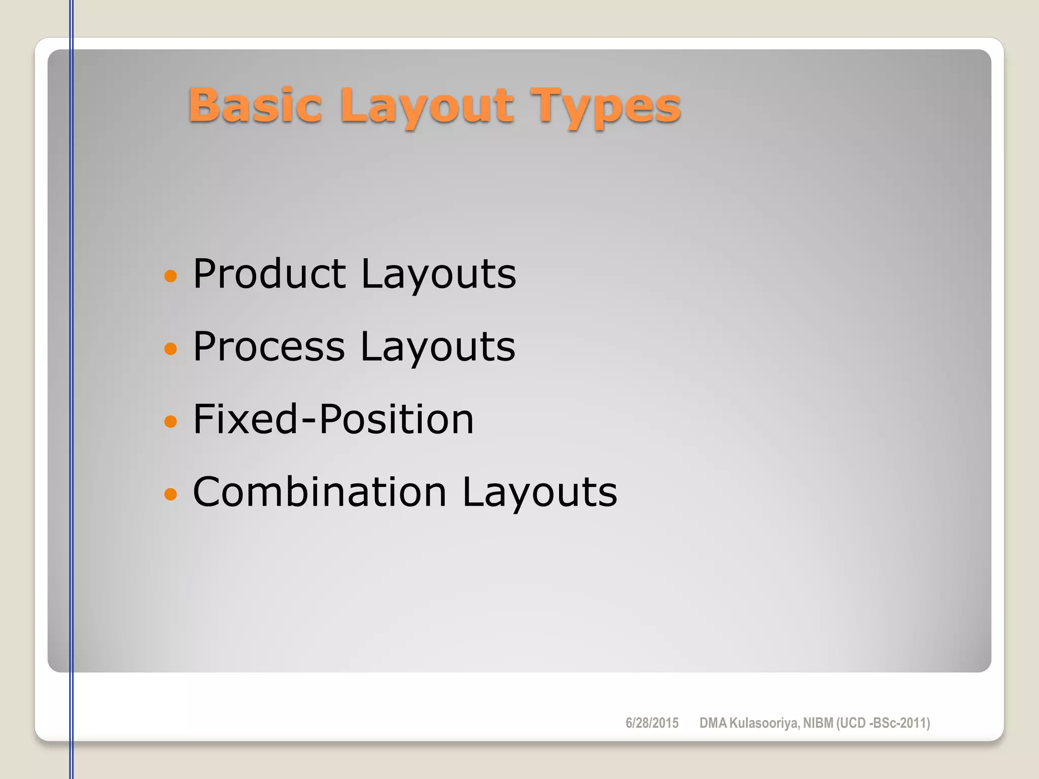 Basic Layout Types
 Product Layouts
 Process Layouts
 Fixed-Position
 Combination Layouts
6/28/2015 DMAKulasooriya, NIBM (UCD -BSc-2011)
 