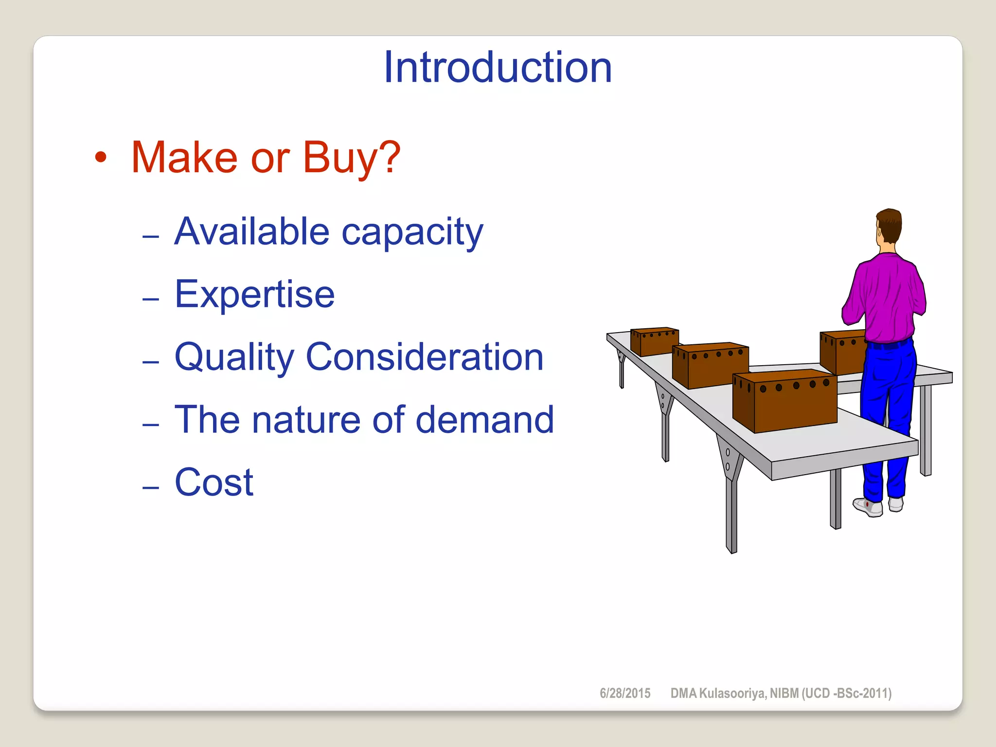 Introduction
• Make or Buy?
– Available capacity
– Expertise
– Quality Consideration
– The nature of demand
– Cost
6/28/2015 DMAKulasooriya, NIBM (UCD -BSc-2011)
 