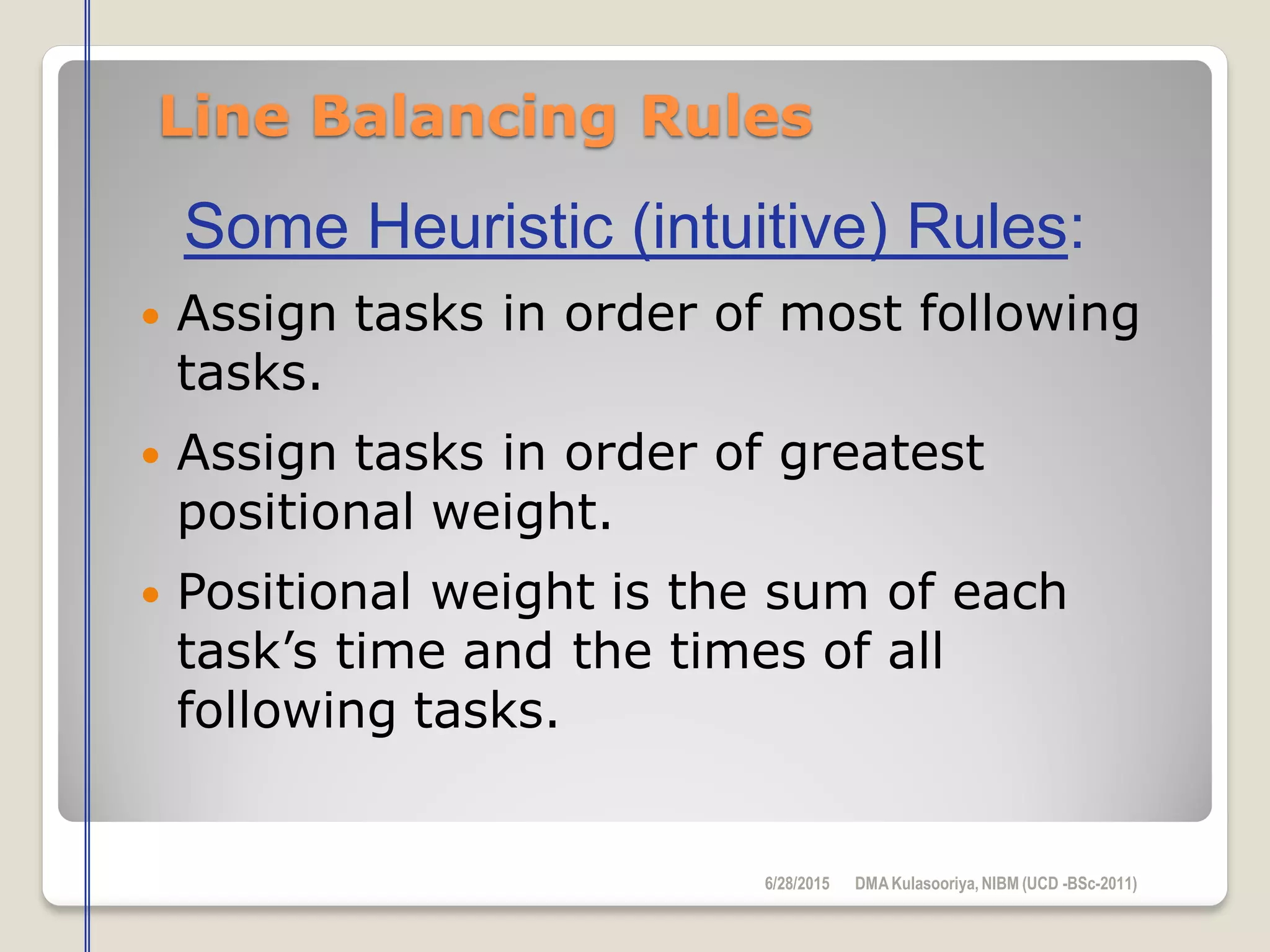 Line Balancing Rules
 Assign tasks in order of most following
tasks.
 Assign tasks in order of greatest
positional weight.
 Positional weight is the sum of each
task’s time and the times of all
following tasks.
Some Heuristic (intuitive) Rules:
6/28/2015 DMAKulasooriya, NIBM (UCD -BSc-2011)
 