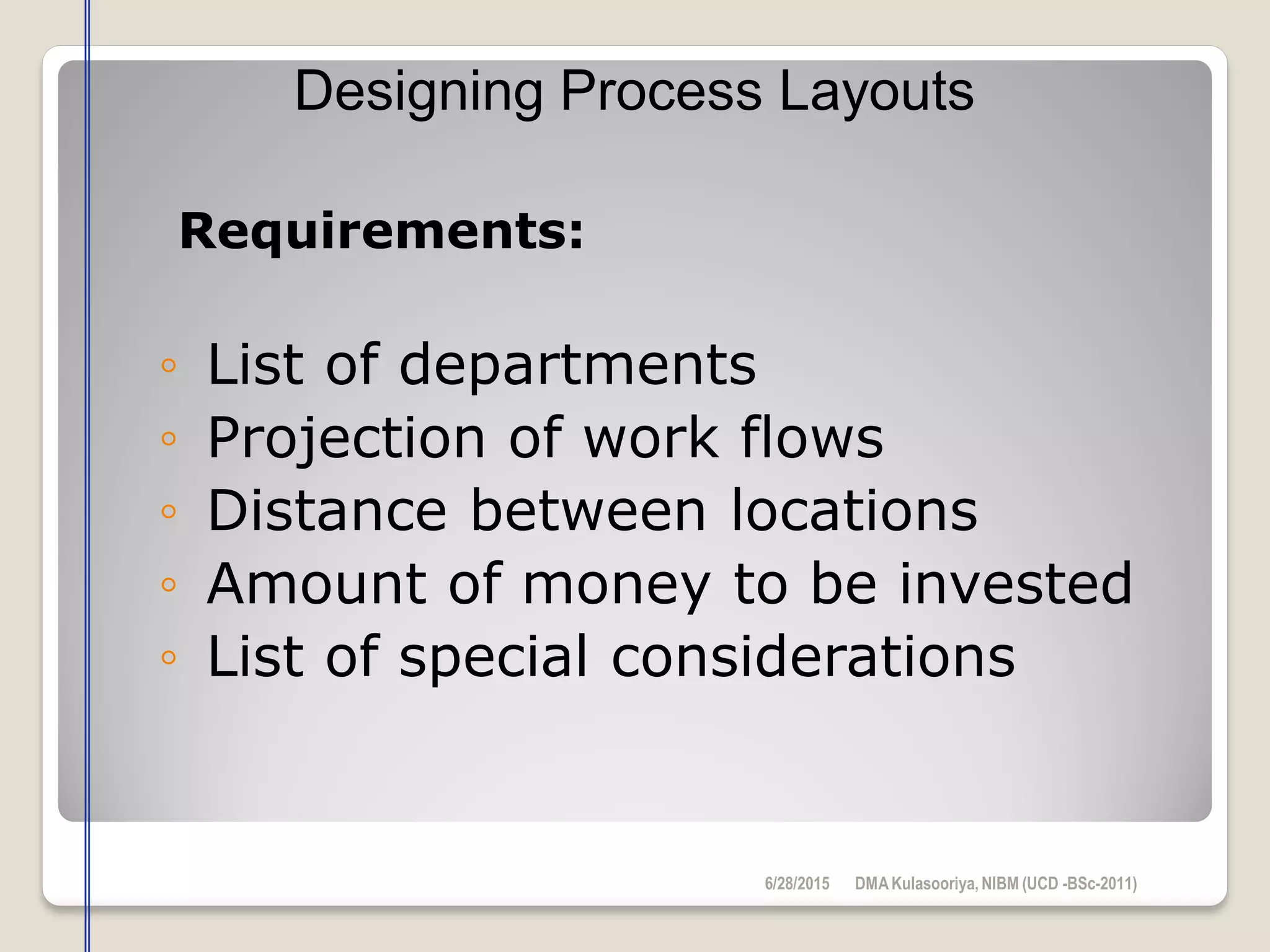 Requirements:
◦ List of departments
◦ Projection of work flows
◦ Distance between locations
◦ Amount of money to be invested
◦ List of special considerations
Designing Process Layouts
6/28/2015 DMAKulasooriya, NIBM (UCD -BSc-2011)
 