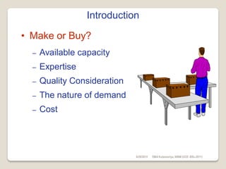 Introduction
• Make or Buy?
– Available capacity
– Expertise
– Quality Consideration
– The nature of demand
– Cost
6/28/2015 DMAKulasooriya, NIBM (UCD -BSc-2011)
 