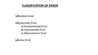 CLASSIFICATION OF ERROR
Random Error
Systematic Error
a) Environmental Error
b) Instrumental Error
c) Observational Error
Gross Error
 