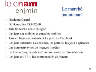 18
Le marché
maintenant
Hardcore/Casual
PC /Consoles PS3+X360
Jeux boites/La vente en ligne
Les jeux sur mobiles et consoles mobiles
Jeux en lignes persistants et les jeux sur Facebook
Les jeux Internets: Les casinos, les portails, les jeux à épisodes
Les nouveaux types de licences (média)
Le free to play, la publicité comme mode de rémunération
Les jeux et l’IRL: les communautés de joueurs
 