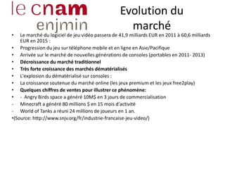 Evolution du
marché
• Le marché du logiciel de jeu vidéo passera de 41,9 milliards EUR en 2011 à 60,6 milliards
EUR en 2015 :
• Progression du jeu sur téléphone mobile et en ligne en Asie/Pacifique
• Arrivée sur le marché de nouvelles générations de consoles (portables en 2011- 2013)
• Décroissance du marché traditionnel
• Très forte croissance des marchés dématérialisés
• L'explosion du dématérialisé sur consoles :
• La croissance soutenue du marché online (les jeux premium et les jeux free2play)
• Quelques chiffres de ventes pour illustrer ce phénomène:
• - Angry Birds space a généré 10M$ en 3 jours de commercialisation
- Minecraft a généré 80 millions $ en 15 mois d'activité
- World of Tanks a réuni 24 millions de joueurs en 1 an.
•(Source: http://www.snjv.org/fr/industrie-francaise-jeu-video/)
 