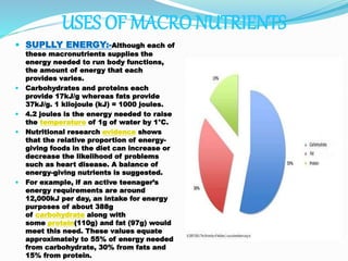 USES OF MACRO NUTRIENTS
 SUPLLY ENERGY:-Although each of
these macronutrients supplies the
energy needed to run body functions,
the amount of energy that each
provides varies.
 Carbohydrates and proteins each
provide 17kJ/g whereas fats provide
37kJ/g. 1 kilojoule (kJ) = 1000 joules.
 4.2 joules is the energy needed to raise
the temperature of 1g of water by 1°C.
 Nutritional research evidence shows
that the relative proportion of energy-
giving foods in the diet can increase or
decrease the likelihood of problems
such as heart disease. A balance of
energy-giving nutrients is suggested.
 For example, if an active teenager’s
energy requirements are around
12,000kJ per day, an intake for energy
purposes of about 388g
of carbohydrate along with
some protein(110g) and fat (97g) would
meet this need. These values equate
approximately to 55% of energy needed
from carbohydrate, 30% from fats and
15% from protein.
 