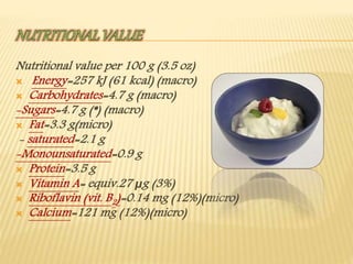 Nutritional value per 100 g (3.5 oz)
 Energy=257 kJ (61 kcal) (macro)
 Carbohydrates=4.7 g (macro)
-Sugars=4.7 g (*) (macro)
 Fat=3.3 g(micro)
- saturated=2.1 g
-Monounsaturated=0.9 g
 Protein=3.5 g
 Vitamin A= equiv.27 μg (3%)
 Riboflavin (vit. B2)=0.14 mg (12%)(micro)
 Calcium=121 mg (12%)(micro)
 