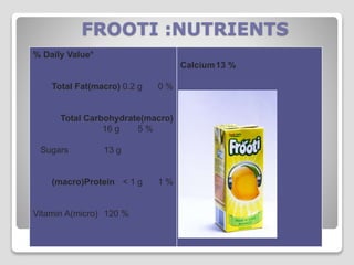 FROOTI :NUTRIENTS
% Daily Value*
Total Fat(macro) 0.2 g 0 %
Total Carbohydrate(macro)
16 g 5 %
Sugars 13 g
(macro)Protein < 1 g 1 %
Vitamin A(micro) 120 %
Calcium13 %
 
