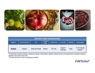 ORGANIC DRIED POMEGRANATE
                                                       CLORIF
   VARIETY        CERTIFICATES           CUT                      MOISTURE         EXPORT      ORIGIN       PACKAGING
                                                        ORM

                                                                                  August -                 4 x 2.5 kg per
   Araktar           Organic       Arilis and Pearls   Absent       5% max
                                                                                  February
                                                                                                India
                                                                                                              Carton**

*Processing includes: pealing, cutting into pieces, dehydration, grading, freeze drying, and placement in asceptic packing.
Additive and preservative free.
**Private label and custom packaging available.
 