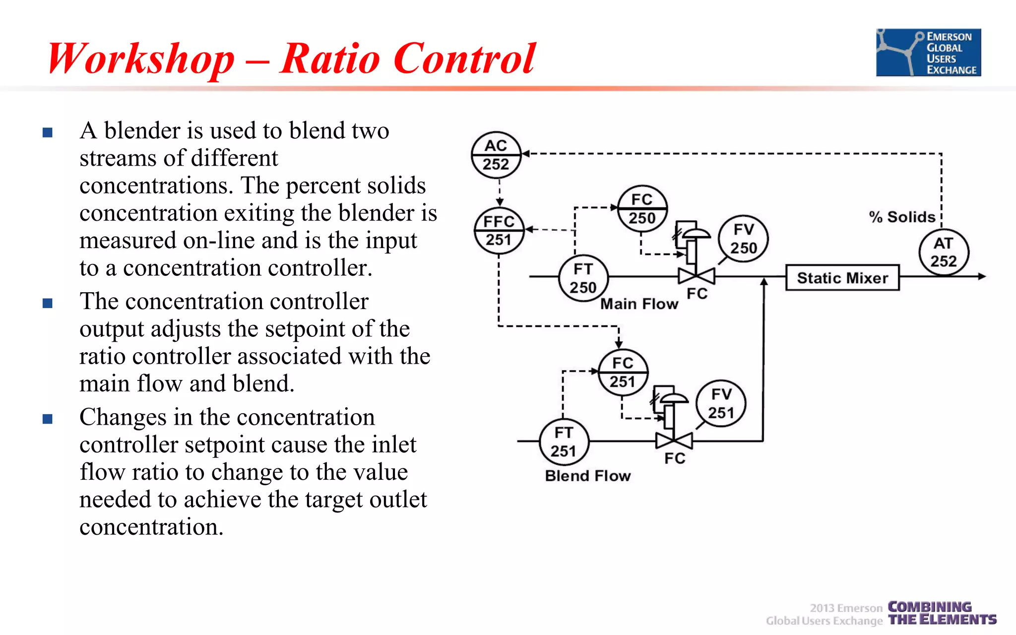 Workshop – Ratio Control






A blender is used to blend two
streams of different
concentrations. The percent solids
concentration exiting the blender is
measured on-line and is the input
to a concentration controller.
The concentration controller
output adjusts the setpoint of the
ratio controller associated with the
main flow and blend.
Changes in the concentration
controller setpoint cause the inlet
flow ratio to change to the value
needed to achieve the target outlet
concentration.

 