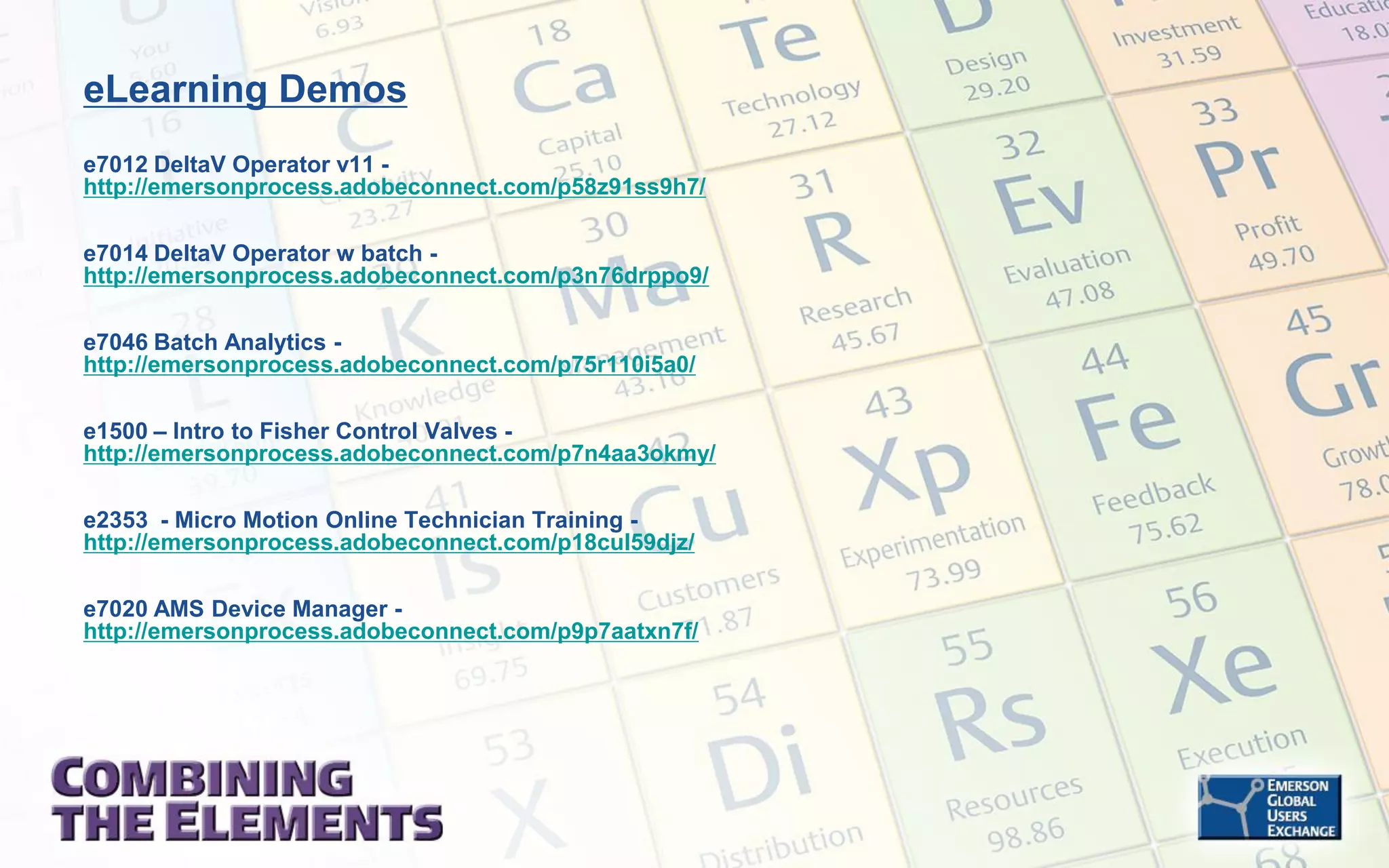 eLearning Demos
e7012 DeltaV Operator v11 http://emersonprocess.adobeconnect.com/p58z91ss9h7/
e7014 DeltaV Operator w batch http://emersonprocess.adobeconnect.com/p3n76drppo9/

e7046 Batch Analytics http://emersonprocess.adobeconnect.com/p75r110i5a0/
e1500 – Intro to Fisher Control Valves http://emersonprocess.adobeconnect.com/p7n4aa3okmy/
e2353 - Micro Motion Online Technician Training http://emersonprocess.adobeconnect.com/p18cul59djz/
e7020 AMS Device Manager http://emersonprocess.adobeconnect.com/p9p7aatxn7f/

 