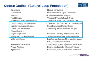 Course Outline (Control Loop Foundation)
Background
Measurement
Analyzers
Final Elements
Field Wiring and Communications
Control Strategy Documentation
Operator Graphics and Metrics
Process Characterization

– Historic Perspective
– Basic Transmitter Types, Limitations
– Examples of On-line Analyzers
– Valves and Variable Speed Drives
– Traditional, HART, FF , WirelessHART
– Plot Plan, Flow Sheet, P&ID, Loop Diagram
– Considerations in Display Design
– Identifying process dynamics and gain

Control Objectives

Single Loop Control
Tuning and Loop Performance
Multi-loop Control
Model Predictive Control
Process Modeling
Applications

– PID basics, selecting PID structure, action
– Manual and automated tuning techniques
– Feedforward, Cascade, Override, Split-range,
Ratio, Valve Position Control
– Addressing Difficult Dynamics, Interactions
– Process simulation for Checkout/Training
– Continuous, Batch, Combustion, Distillation

 