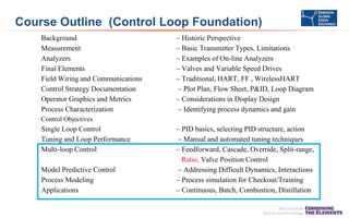 Course Outline (Control Loop Foundation)
Background
Measurement
Analyzers
Final Elements
Field Wiring and Communications
Control Strategy Documentation
Operator Graphics and Metrics
Process Characterization

– Historic Perspective
– Basic Transmitter Types, Limitations
– Examples of On-line Analyzers
– Valves and Variable Speed Drives
– Traditional, HART, FF , WirelessHART
– Plot Plan, Flow Sheet, P&ID, Loop Diagram
– Considerations in Display Design
– Identifying process dynamics and gain

Control Objectives

Single Loop Control
Tuning and Loop Performance
Multi-loop Control
Model Predictive Control
Process Modeling
Applications

– PID basics, selecting PID structure, action
– Manual and automated tuning techniques
– Feedforward, Cascade, Override, Split-range,
Ratio, Valve Position Control
– Addressing Difficult Dynamics, Interactions
– Process simulation for Checkout/Training
– Continuous, Batch, Combustion, Distillation

 