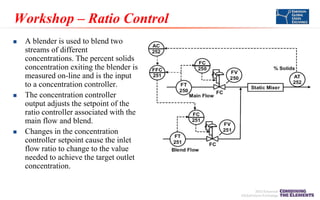 Workshop – Ratio Control






A blender is used to blend two
streams of different
concentrations. The percent solids
concentration exiting the blender is
measured on-line and is the input
to a concentration controller.
The concentration controller
output adjusts the setpoint of the
ratio controller associated with the
main flow and blend.
Changes in the concentration
controller setpoint cause the inlet
flow ratio to change to the value
needed to achieve the target outlet
concentration.

 