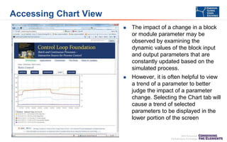 Accessing Chart View


The impact of a change in a block
or module parameter may be
observed by examining the
dynamic values of the block input
and output parameters that are
constantly updated based on the
simulated process.



However, it is often helpful to view
a trend of a parameter to better
judge the impact of a parameter
change. Selecting the Chart tab will
cause a trend of selected
parameters to be displayed in the
lower portion of the screen

 