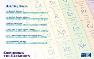 eLearning Demos
e7012 DeltaV Operator v11 http://emersonprocess.adobeconnect.com/p58z91ss9h7/
e7014 DeltaV Operator w batch http://emersonprocess.adobeconnect.com/p3n76drppo9/

e7046 Batch Analytics http://emersonprocess.adobeconnect.com/p75r110i5a0/
e1500 – Intro to Fisher Control Valves http://emersonprocess.adobeconnect.com/p7n4aa3okmy/
e2353 - Micro Motion Online Technician Training http://emersonprocess.adobeconnect.com/p18cul59djz/
e7020 AMS Device Manager http://emersonprocess.adobeconnect.com/p9p7aatxn7f/

 
