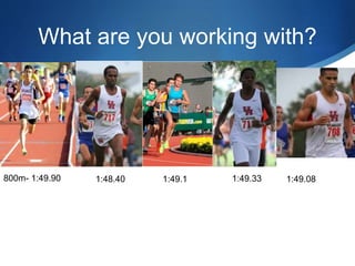 What are you working with?
800m- 1:49.90 1:48.40 1:49.1 1:49.081:49.33
 