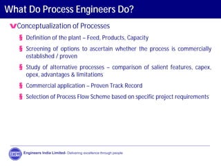 What Do Process Engineers Do?
vConceptualization of Processes
§ Definition of the plant – Feed, Products, Capacity
§ Screening of options to ascertain whether the process is commercially
established / proven
§ Study of alternative processes – comparison of salient features, capex,
opex, advantages & limitations
§ Commercial application – Proven Track Record
§ Selection of Process Flow Scheme based on specific project requirements
Engineers India Limited- Delivering excellence through people
 