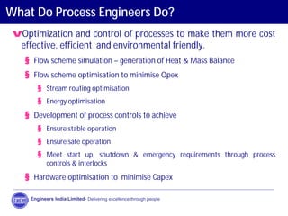 What Do Process Engineers Do?
vOptimization and control of processes to make them more cost
effective, efficient and environmental friendly.
§ Flow scheme simulation – generation of Heat & Mass Balance
§ Flow scheme optimisation to minimise Opex
§ Stream routing optimisation
§ Energy optimisation
§ Development of process controls to achieve
§ Ensure stable operation
§ Ensure safe operation
§ Meet start up, shutdown & emergency requirements through process
controls & interlocks
§ Hardware optimisation to minimise Capex
Engineers India Limited- Delivering excellence through people
 