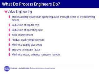 What Do Process Engineers Do?
vValue Engineering
§ Implies adding value to an operating asset through either of the following
means :
§ Reduction of capital cost
§ Reduction of operating cost
§ Yield improvement
§ Product quality improvement
§ Minimise quality give away
§ Improve on stream factor
§ Minimise losses, enhance recovery, recycle
Engineers India Limited- Delivering excellence through people
 