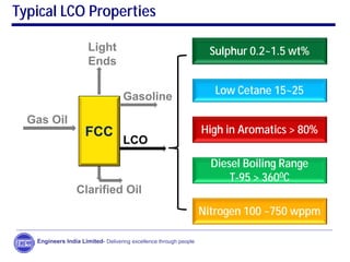 Engineers India Limited- Delivering excellence through people
Typical LCO Properties
High in Aromatics > 80%
Nitrogen 100 ~750 wppm
Sulphur 0.2~1.5 wt%
FCC
Diesel Boiling Range
T-95 > 3600C
Low Cetane 15~25
Gas Oil
Clarified Oil
Gasoline
Light
Ends
LCO
 