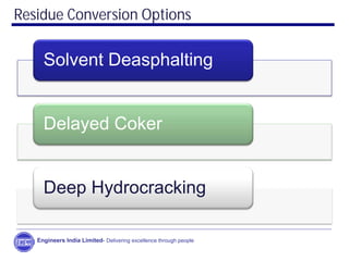 Residue Conversion Options
Solvent Deasphalting
Delayed Coker
Deep Hydrocracking
Engineers India Limited- Delivering excellence through people
 