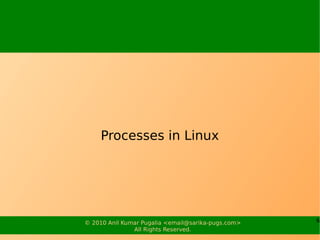 Processes in Linux




© 2010 Anil Kumar Pugalia <email@sarika-pugs.com>   6
               All Rights Reserved.
 