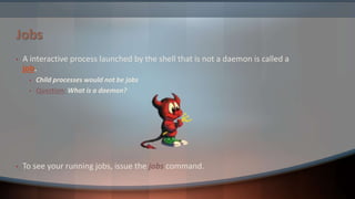 • A interactive process launched by the shell that is not a daemon is called a
job.
• Child processes would not be jobs
• Question: What is a daemon?
• To see your running jobs, issue the jobs command.
Jobs
 