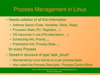 14© 2010-2019 SysPlay Workshops <workshop@sysplay.in>
All Rights Reserved.
Process Management in Linux
Needs collation of all this information
Address Space (Code, Variables, Stack, Heap)
Processor State (PC, Registers, …)
OS resources in use (File descriptors, ...)
Scheduling Info, Priority, ...
Preemption Info, Process State, ...
for every Process
Stored in structure of type 'task_struct'
Maintained by Linux Kernel on a per process basis
Also called the Process Descriptor / Process Control Block
 