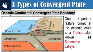 3 Types of Convergent Plate
Oceanic-Continental Convergent Plate Boundary
One important
feature formed at
the oceanic crust
is a Trench, also
known as
Submarine
valleys.
 