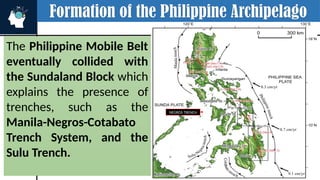 Formation of the Philippine Archipelago
The Philippine Mobile Belt
eventually collided with
the Sundaland Block which
explains the presence of
trenches, such as the
Manila-Negros-Cotabato
Trench System, and the
Sulu Trench.
OCEANIC CRUST
MANILA
TRENCH
SULU TRENCH
SULU TRENCH
NEGROS TRENCH
 