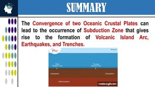 SUMMARY
The Convergence of two Oceanic Crustal Plates can
lead to the occurrence of Subduction Zone that gives
rise to the formation of Volcanic Island Arc,
Earthquakes, and Trenches.
 