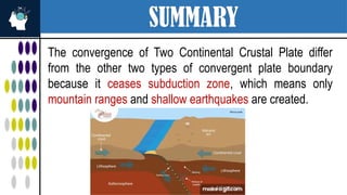 SUMMARY
The convergence of Two Continental Crustal Plate differ
from the other two types of convergent plate boundary
because it ceases subduction zone, which means only
mountain ranges and shallow earthquakes are created.
 
