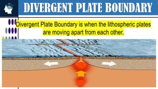 DIVERGENT PLATE BOUNDARY
Divergent Plate Boundary is when the lithospheric plates
are moving apart from each other.
 