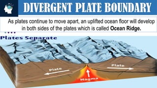 DIVERGENT PLATE BOUNDARY
As plates continue to move apart, an uplifted ocean floor will develop
in both sides of the plates which is called Ocean Ridge.
 