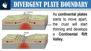 DIVERGENT PLATE BOUNDARY
As continental plates
starts to move apart,
the crust will start
thinning and develops
a Continental Rift
Valley.
 