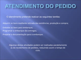 O atendimento pretende realizar as seguintes tarefas:
Adquirir os itens mediante retirada das existências, produção e compra;
Embalar os itens para embarque;
Programar o embarque das entregas;
Preparar a documentação para o embarque.
Algumas destas atividades podem ser realizadas paralelamente
às do recebimento de pedidos, reduzindo assim o tempo de
ciclo.
 