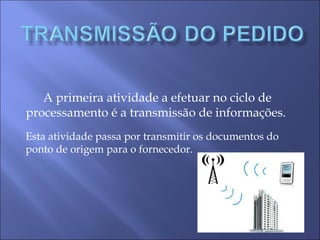 A primeira atividade a efetuar no ciclo de
processamento é a transmissão de informações.
Esta atividade passa por transmitir os documentos do
ponto de origem para o fornecedor.
 
