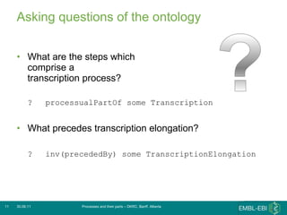 Asking questions of the ontology What are the steps which  comprise a  transcription process? ? processualPartOf some Transcription What precedes transcription elongation? ? inv(precededBy) some TranscriptionElongation 30.06.11 Processes and their parts – DKRC, Banff, Alberta 