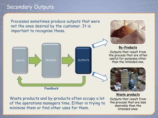 Secondary Outputs
 Click to edit Master title style
 Processes sometimes produce outputs that were
 not the ones desired by the customer. It is
 important to recognise these.



                                                                By-Products
                                                         Outputs that result from
                                                        the process that are often
                    PROCESS           OUTPUTS
                                                         useful for purposes other
    INPUTS
                                                          than the intended one.




                   Feedback
                                                            Waste products
 Waste products and by-products often occupy a lot      Outputs that result from
 of the operations managers time. Either in trying to   the process that are less
                                                           desirable than the
 minimise them or find other uses for them.                  intended ones.
 